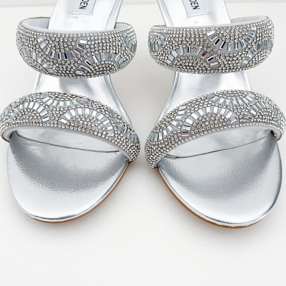 Steve Madden Baton Rhinestone Silver Mules Sandals Heels - Picture 9 of 14